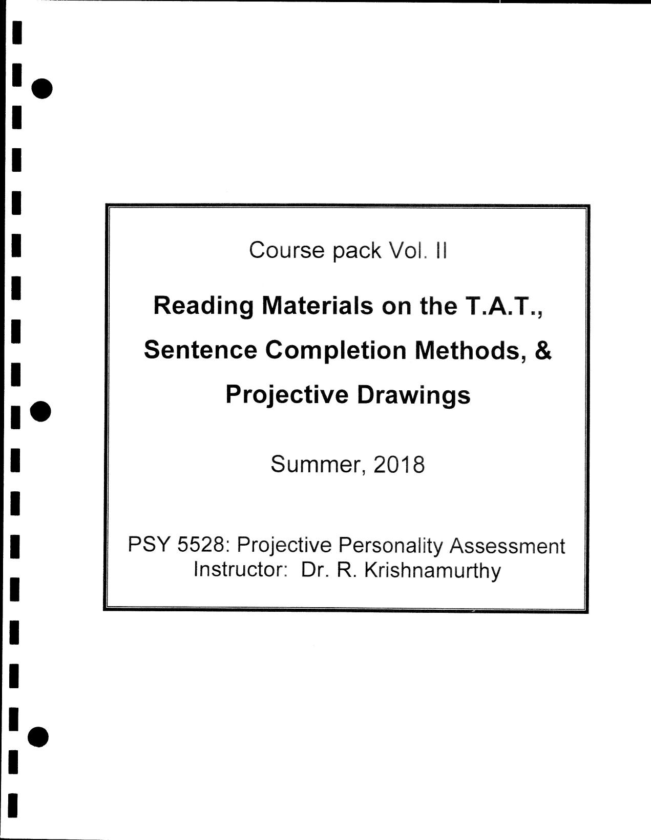 Reading Materials on the T.A.T., Sentence Completion Medthods, & Projective Drawings