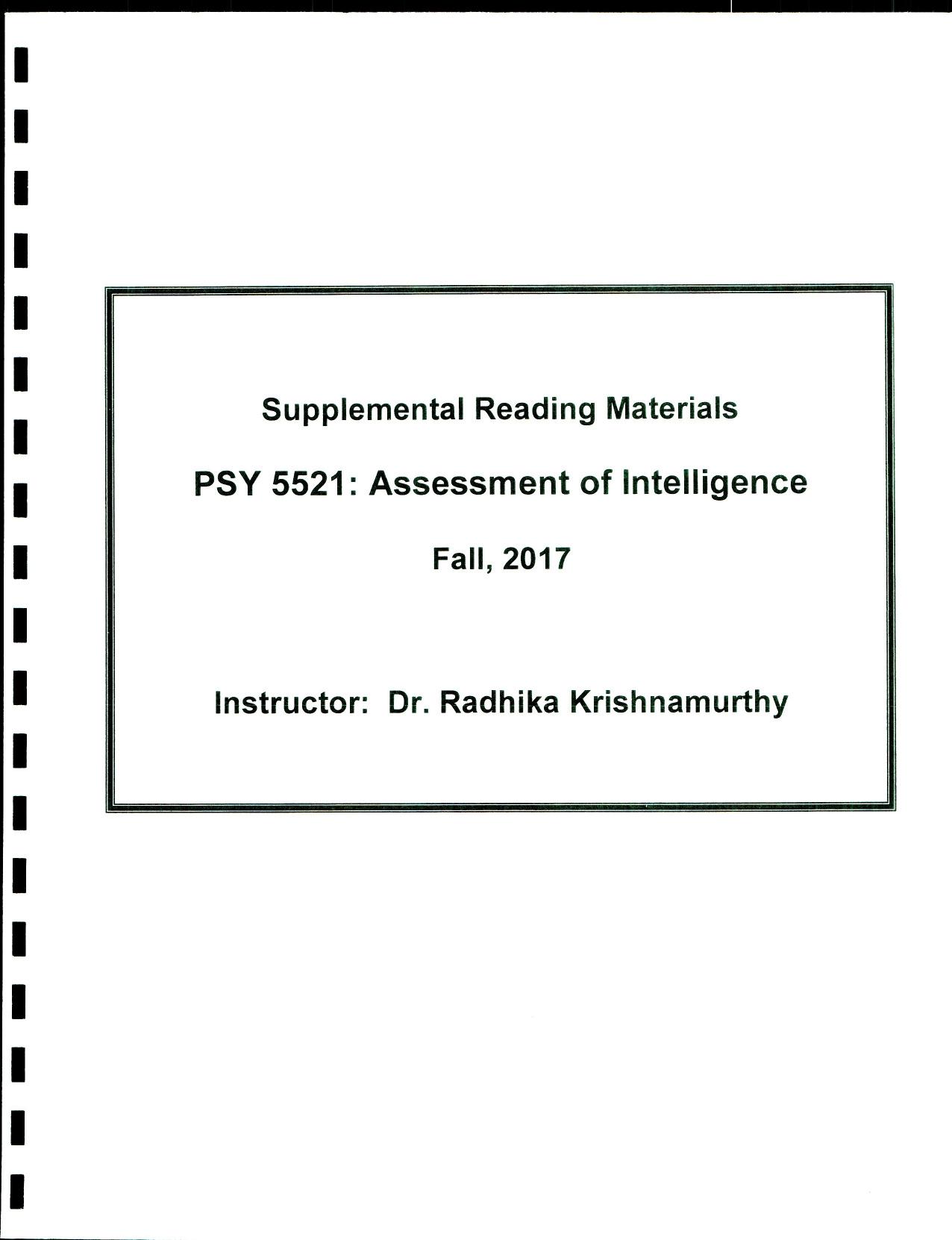 Assessment of Intelligence: Supplemental Reading Materials