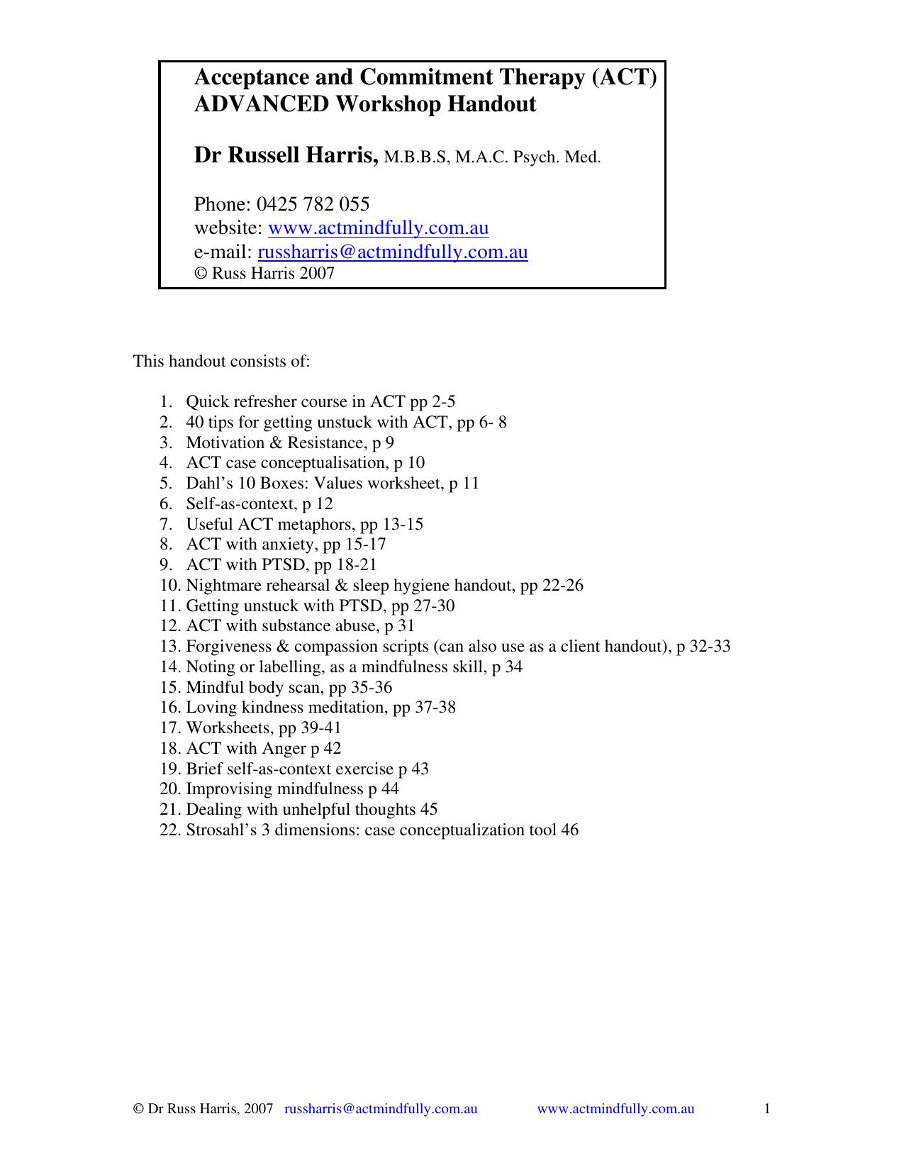Acceptance and Commitment Therapy (ACT) Advanced Workshop Handout