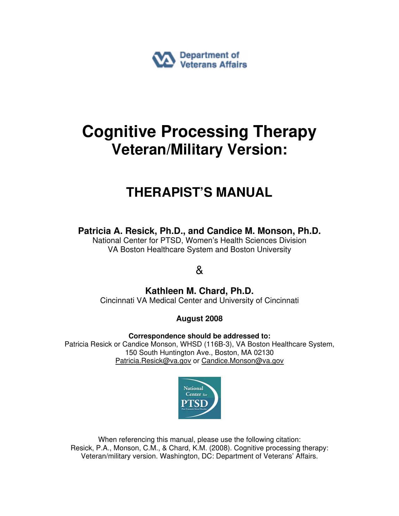 Cognitive Processing Therapy Veteran/Military Version: Therapist's Manual