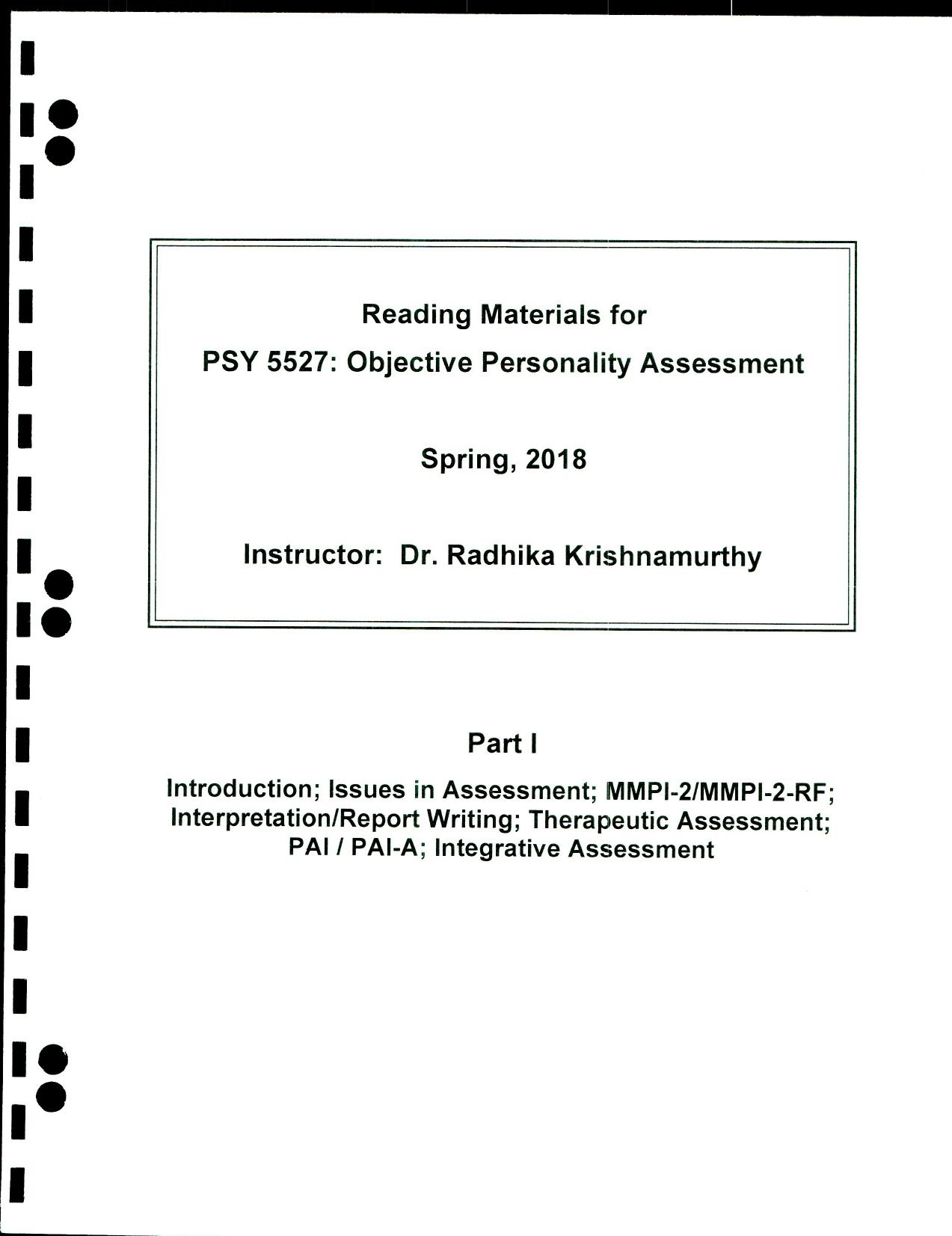 Objective Personality Assessment, Part 1
